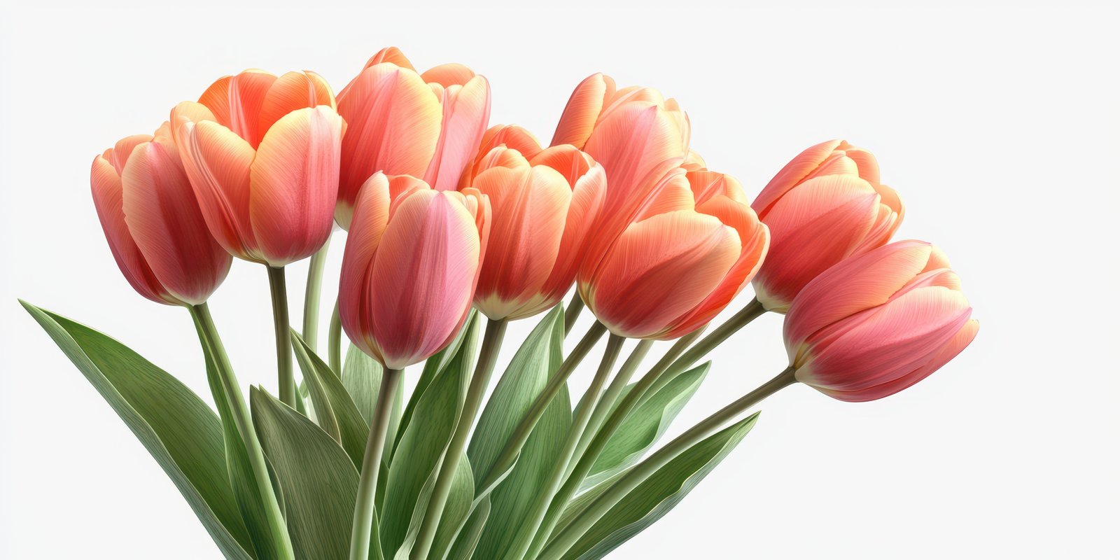 Vibrant bouquet of coral tulips with green leaves arranged attractively for spring decoration